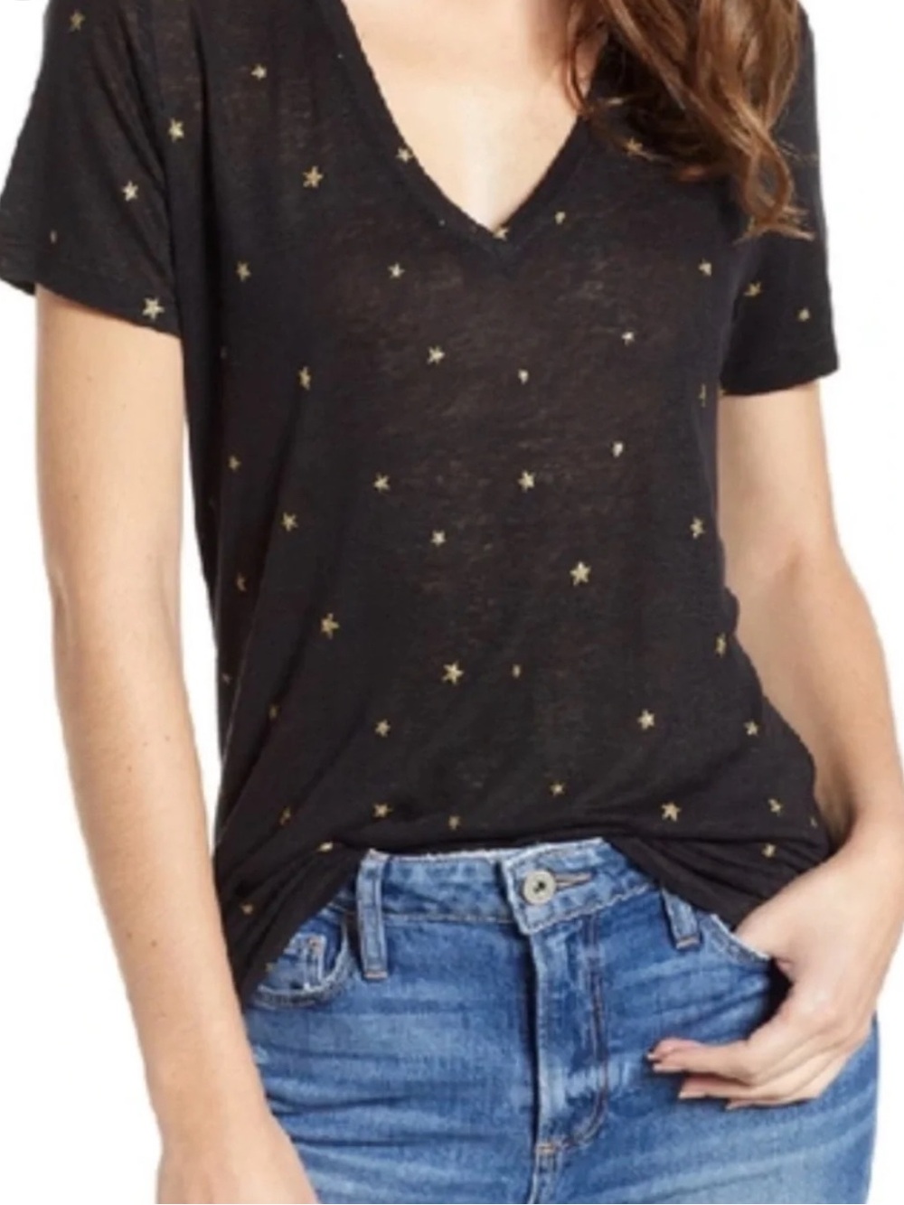 Rails Black V-Neck Tee with Gold Star Print